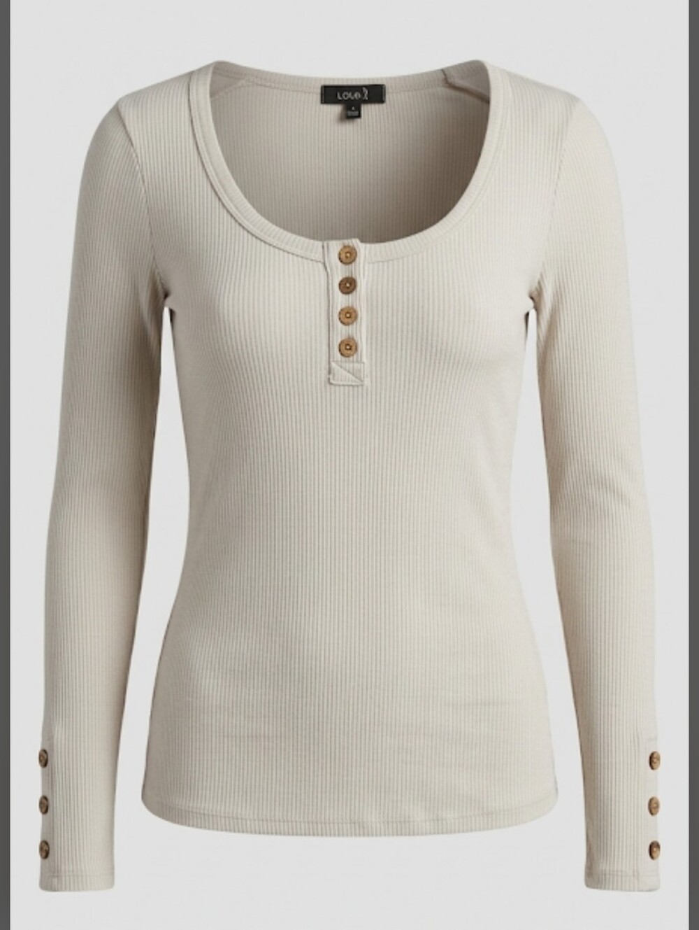 Kissfix Ribbed Henley Long Sleeve Top in Cream Granola Size XS-Sm